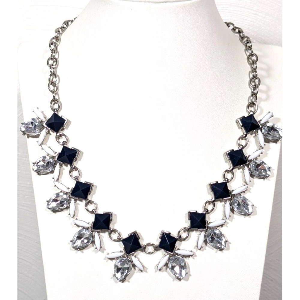 Charming Charlie Blue White Rhinestone Silver Tone Statement Necklace Nautical